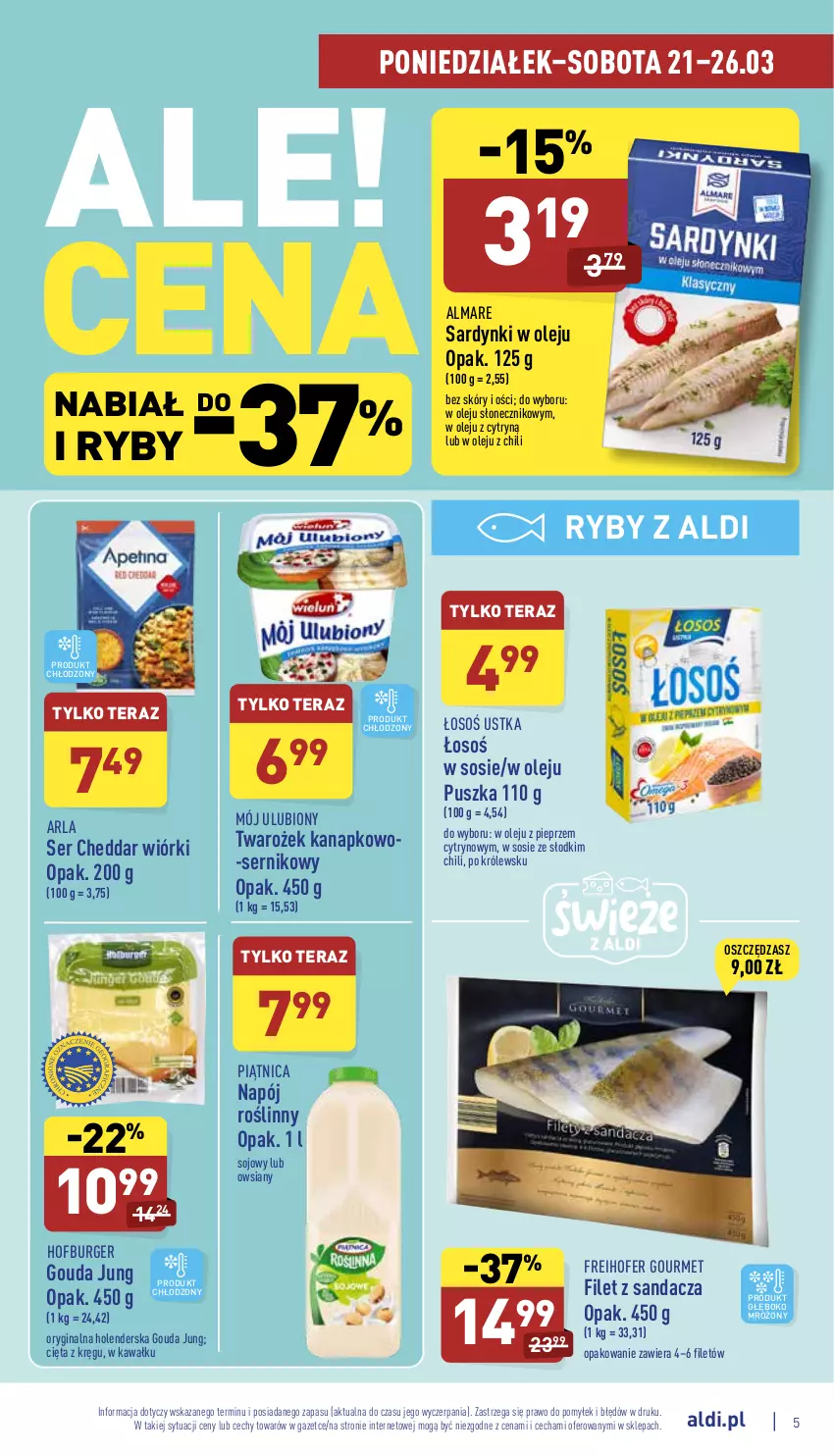 Gazetka promocyjna Aldi - Pełny katalog - ważna 21.03 do 26.03.2022 - strona 5 - produkty: Burger, Cheddar, Filet z sandacza, Freihofer Gourmet, Gin, Gouda, Hofburger, Kawa, Napój, Napój roślinny, Olej, Piątnica, Pieprz, Sandacz, Sardynki, Ser, Sos, Tera