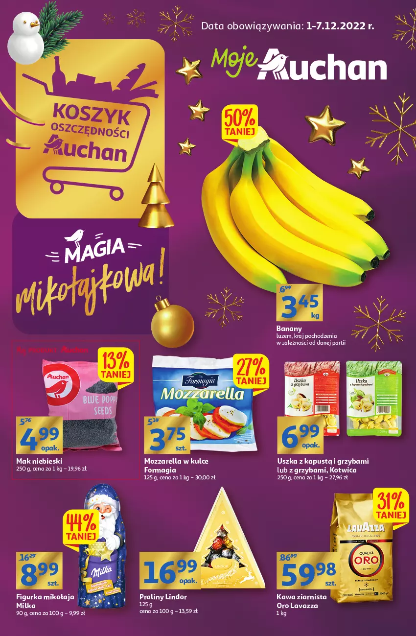 Gazetka promocyjna Auchan - Gazetka Magia Mikołajkowa Moje Auchan - ważna 01.12 do 07.12.2022 - strona 1 - produkty: Kawa, Kawa ziarnista, Lindor, Milka, Mozzarella, Praliny