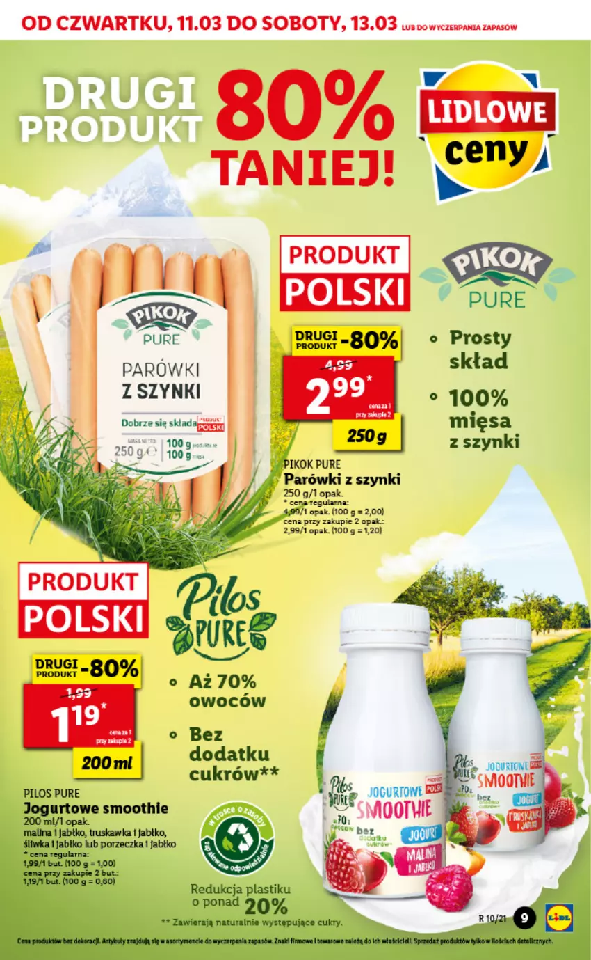 Gazetka promocyjna Lidl - GAZETKA - ważna 11.03 do 13.03.2021 - strona 9 - produkty: Fa, Jogurt, Parówki, PIKOK, Pilos, Pur, Smoothie