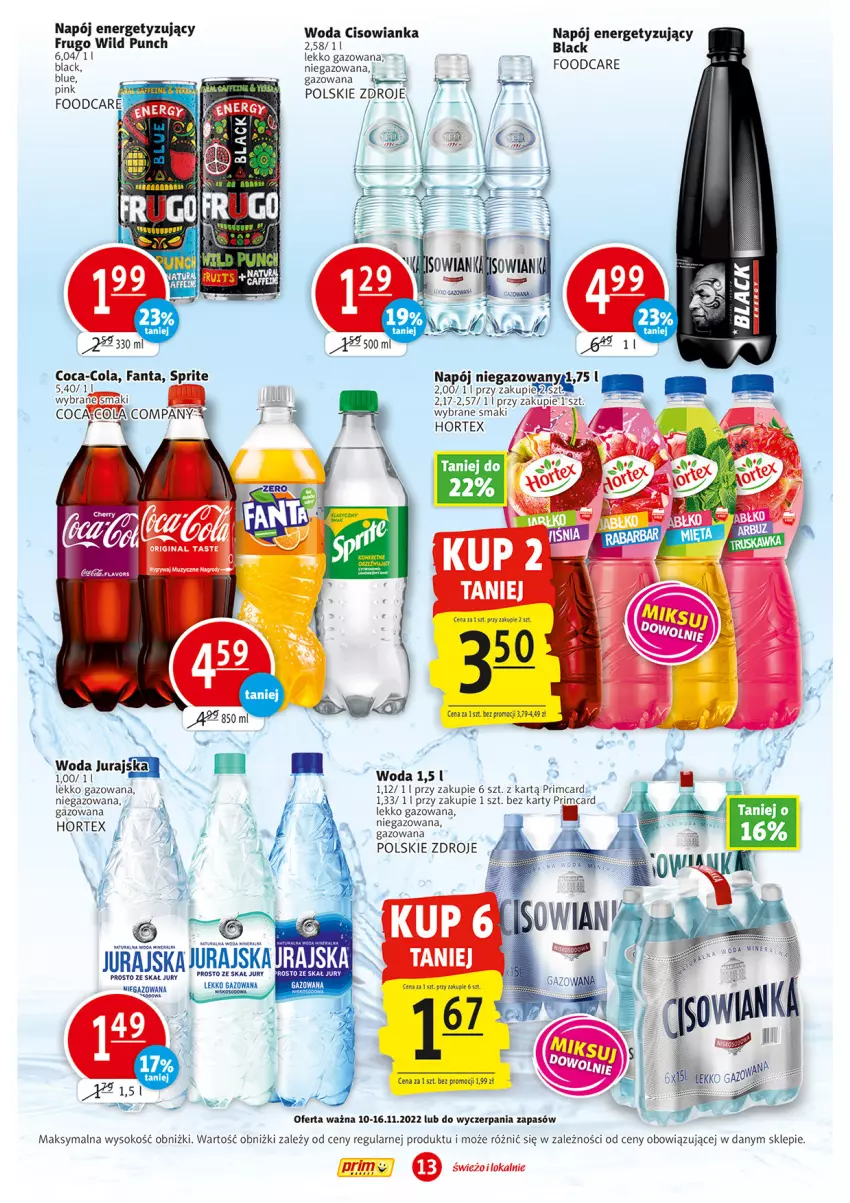 Gazetka promocyjna Prim Market - ważna 10.11 do 16.11.2022 - strona 13 - produkty: Coca-Cola, Fa, Fanta, Gin, Hortex, Kawa, Lack, Napój, Sok, Sprite, Woda