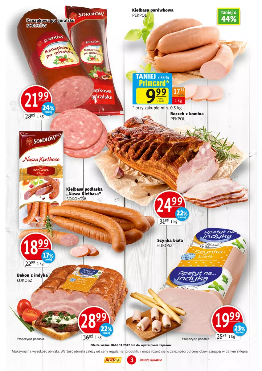 Gazetka promocyjna Prim Market - ważna 10.11 do 16.11.2022 - strona 3 - produkty: Beko, Boczek, Kiełbasa, Koc, Kosz, Pekpol, Sok, Sokołów, Szynka, Szynka biała