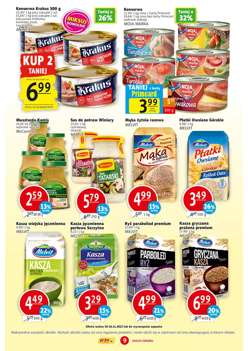 Gazetka promocyjna Prim Market - ważna 10.11 do 16.11.2022 - strona 9 - produkty: Gry, Kasza, Kasza gryczana, Kasza jęczmienna, Krakus, Mąka, Melvit, Mus, Musztarda, Płatki owsiane, Ryż, Ser, Sok, Sos, Winiary