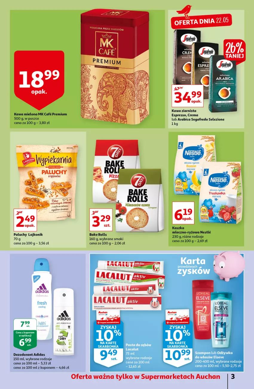 Gazetka promocyjna Auchan - Sezon na radość Supermarkety - ważna 20.05 do 26.05.2021 - strona 3 - produkty: Adidas, BIC, Dezodorant, Kawa, Kawa mielona, Kawa ziarnista, Lacalut, Lajkonik, Ryż, Segafredo