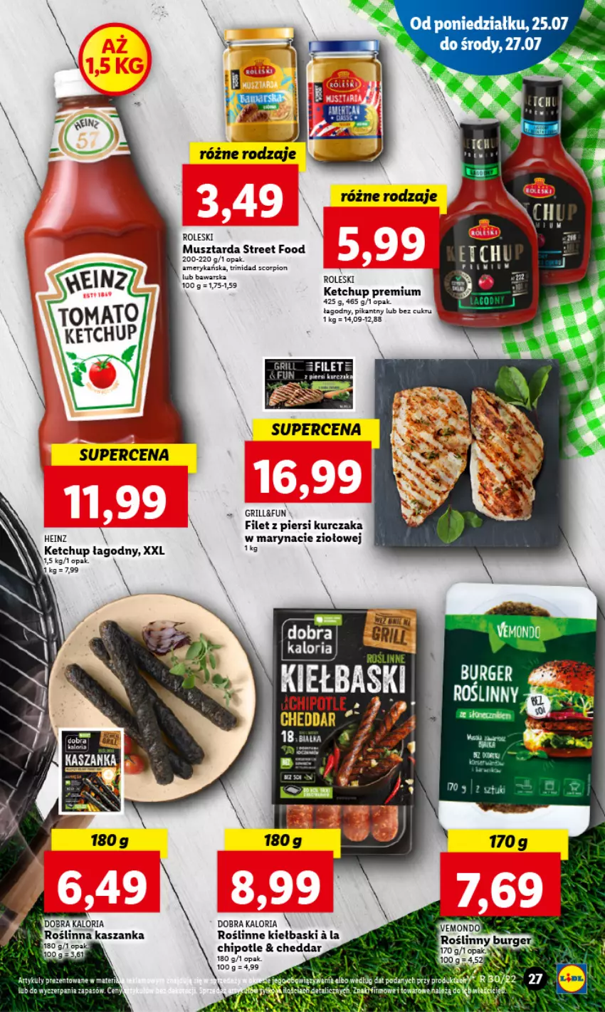 Gazetka promocyjna Lidl - GAZETKA - ważna 25.07 do 27.07.2022 - strona 31 - produkty: Cheddar, Fa, Filet z piersi kurczaka, Grill, Heinz, Kasza, Kaszanka, Ketchup, Kurczak, Mus, Musztarda, Roślinne kiełbaski