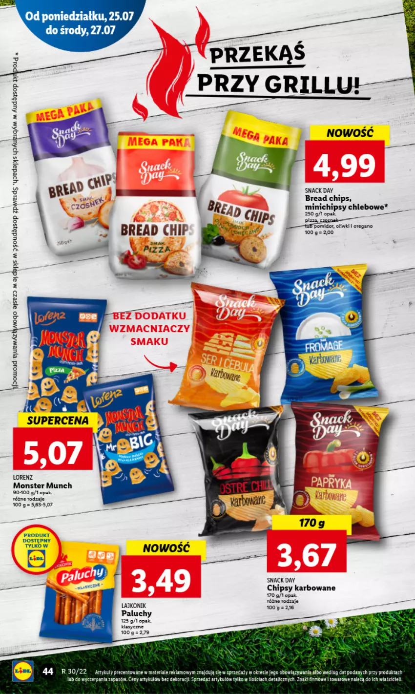 Gazetka promocyjna Lidl - GAZETKA - ważna 25.07 do 27.07.2022 - strona 48 - produkty: Chipsy, Chleb, Lajkonik, Lorenz, Monster Munch, Pizza