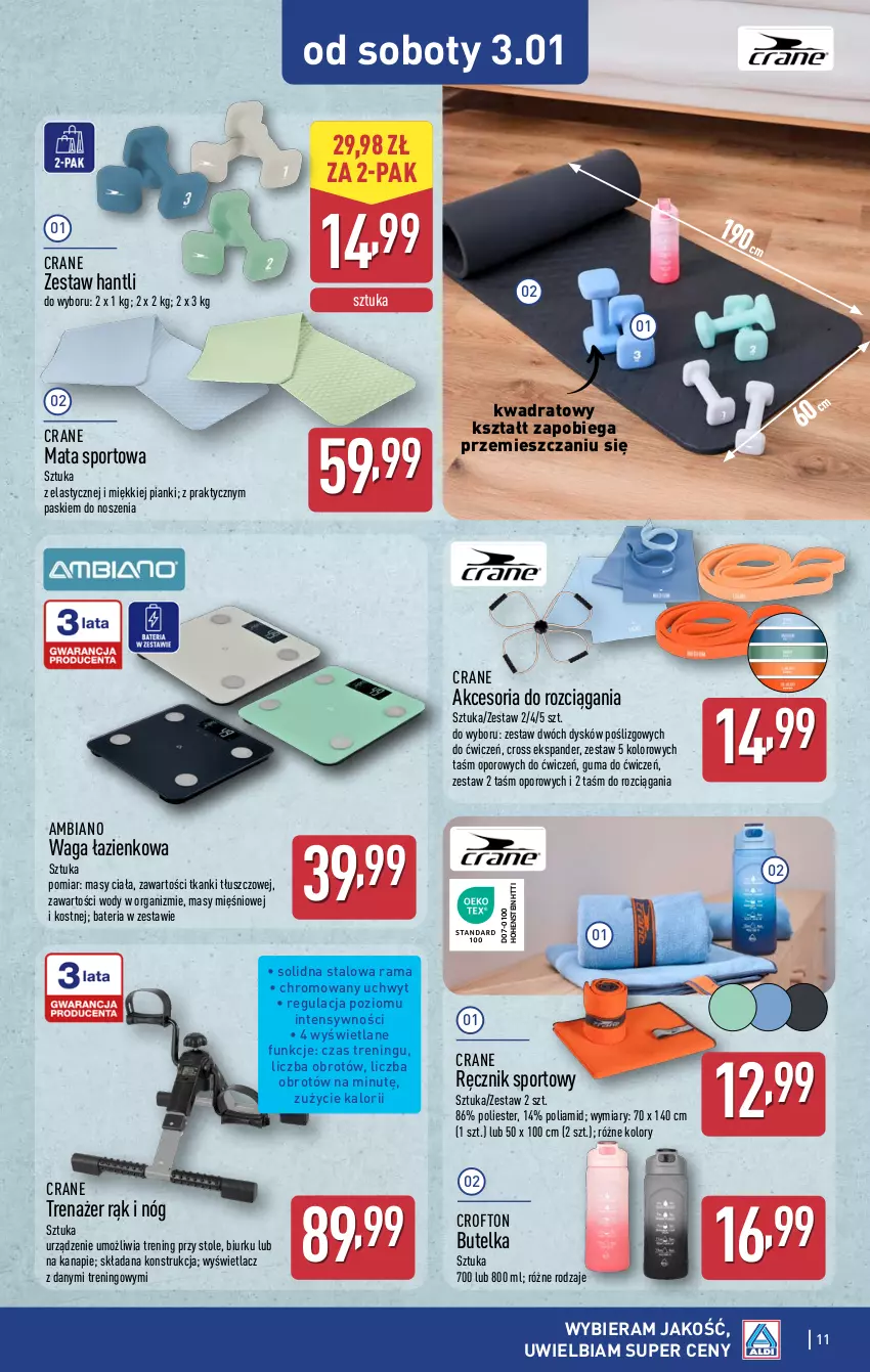 Gazetka promocyjna Aldi - Artykuły przemysłowe i tekstylia - ważna 29.12.2025 do 03.01.2026 - strona 11 - produkty: Bateria, Ekspander, Mata sportowa, Por, Rama, Ręcznik, Sport, Waga, Waga łazienkowa, Zestaw hantli