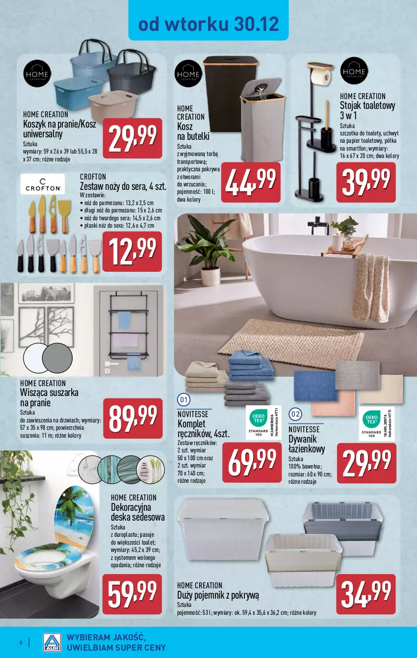 Gazetka promocyjna Aldi - Artykuły przemysłowe i tekstylia - ważna 29.12.2025 do 03.01.2026 - strona 6 - produkty: Deska sedesowa, Drzwi, Dywan, Dywanik, Dywanik łazienkowy, Kosz, Noż, Papier, Papier toaletowy, Parmezan, Pojemnik, Pokrywa, Półka, Por, Ręcznik, Ser, Smartfon, Sport, Stojak, Suszarka, Suszarka na pranie, Szczotka, Tran, Wełna