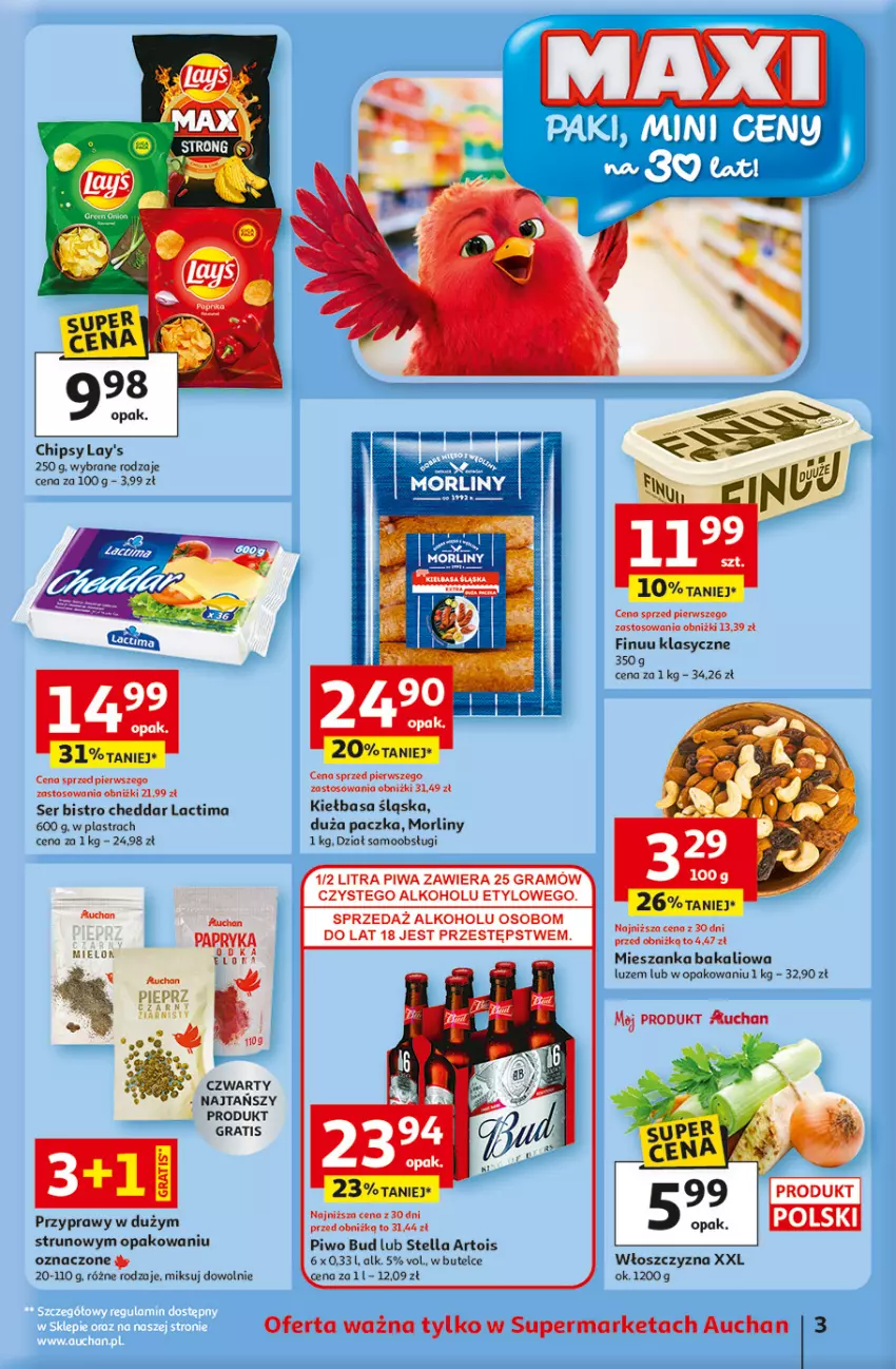 Gazetka promocyjna Auchan - Gazetka 30 Lat Supermarket Auchan - ważna 15.01 do 21.01.2026 - strona 3 - produkty: Cheddar, Chipsy, Finuu, Gra, Kiełbasa, Kiełbasa śląska, Mieszanka bakaliowa, Morliny, Piwa, Piwo, Przyprawy, Ser