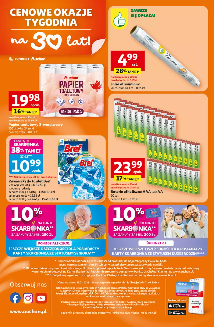 Gazetka promocyjna Auchan - Gazetka 30 Lat Supermarket Auchan - ważna 15.01 do 21.01.2026 - strona 8 - produkty: Baterie alkaliczne, Bref, Folia aluminiowa, Papier, Zawieszki