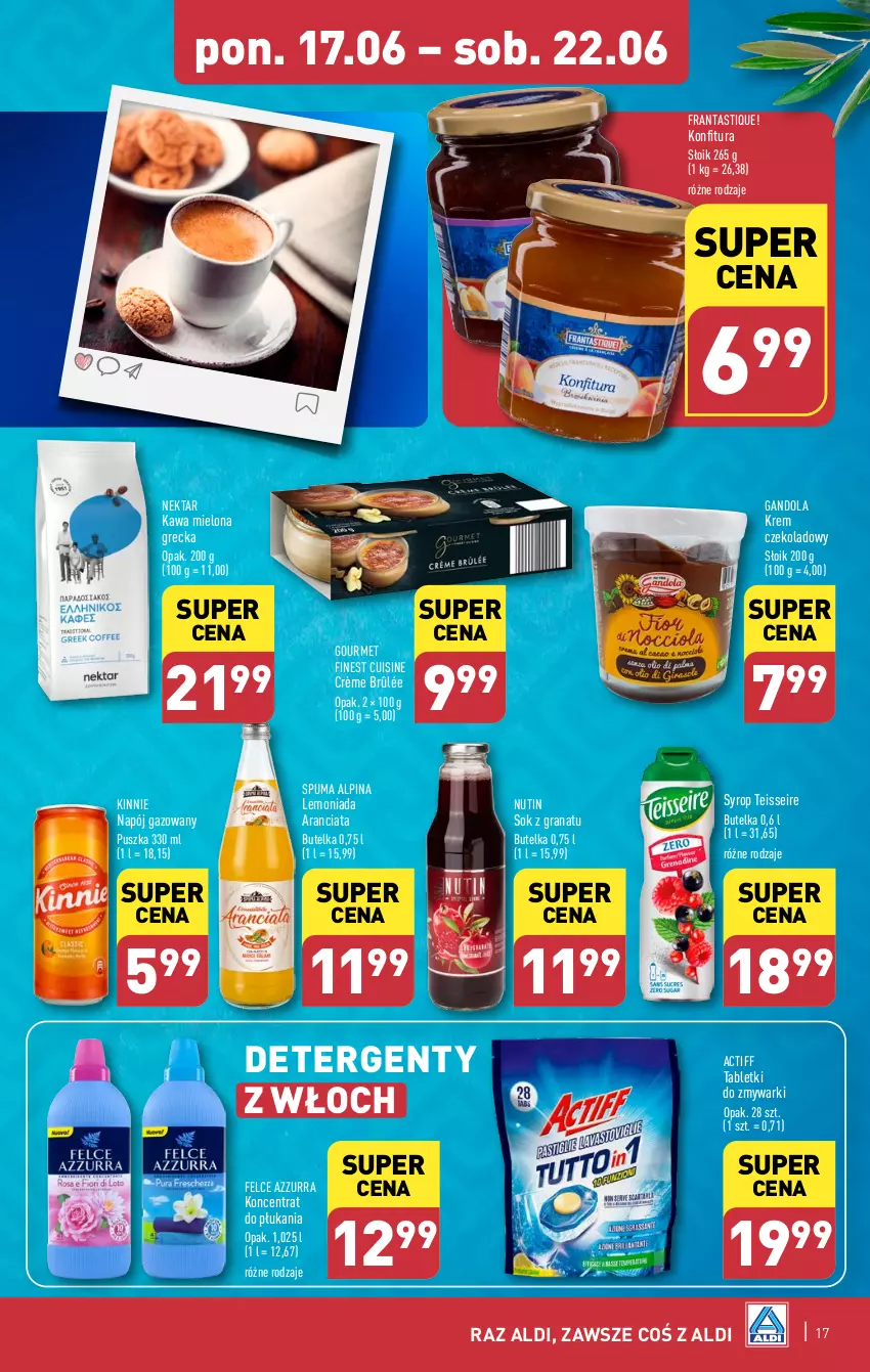 Gazetka promocyjna Aldi - Pełna oferta - ważna 17.06 do 22.06.2024 - strona 17 - produkty: Alpina, Crème brûlée, Gra, Granat, Kawa, Kawa mielona, Konfitura, Lemoniada, Napój, Napój gazowany, Nektar, Puma, Sok, Syrop, Tablet, Tabletki do zmywarki, Zmywarki