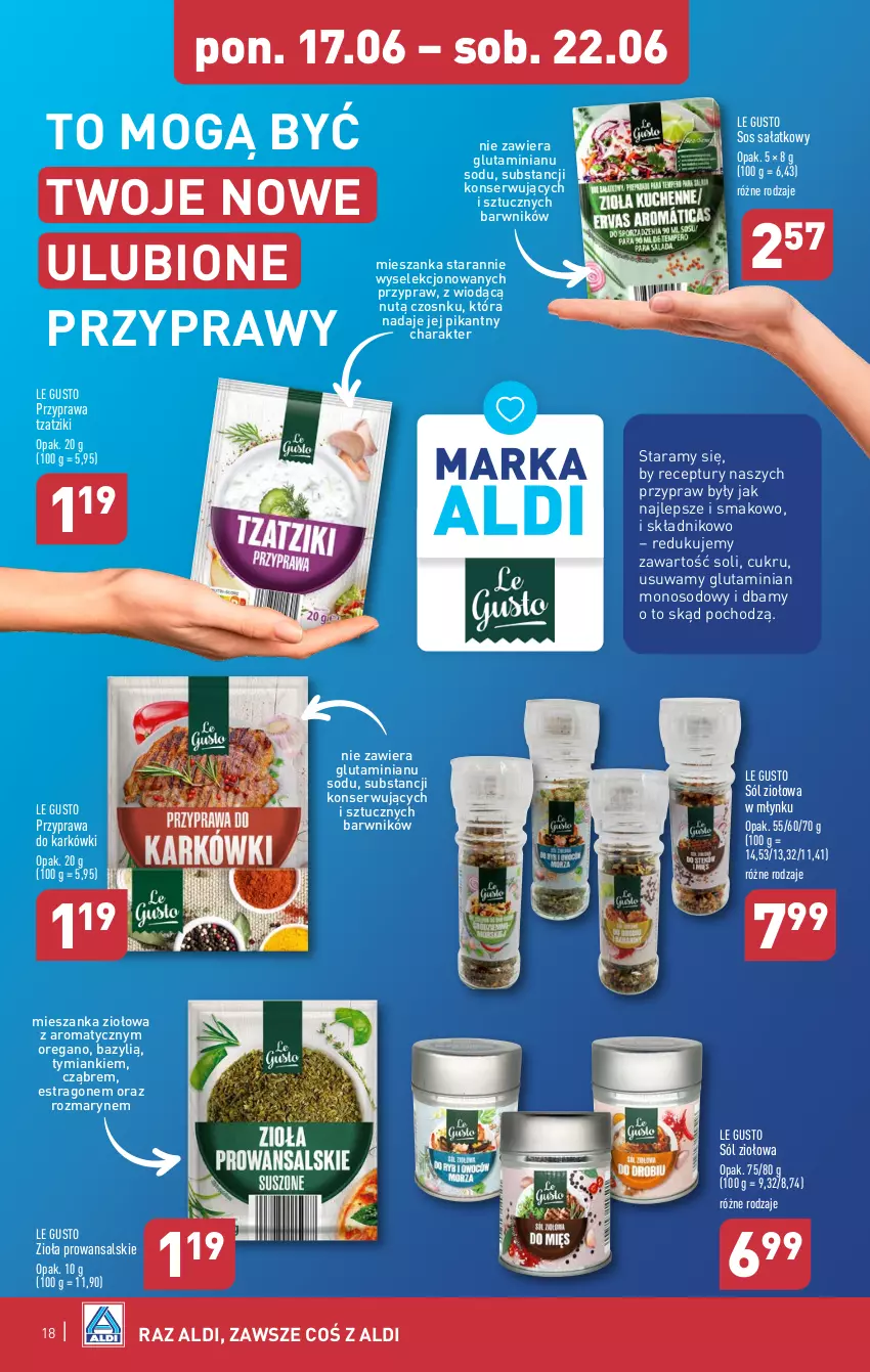 Gazetka promocyjna Aldi - Pełna oferta - ważna 17.06 do 22.06.2024 - strona 18 - produkty: Bazyl, Przyprawy, Sałat, Ser, Sól, Sos