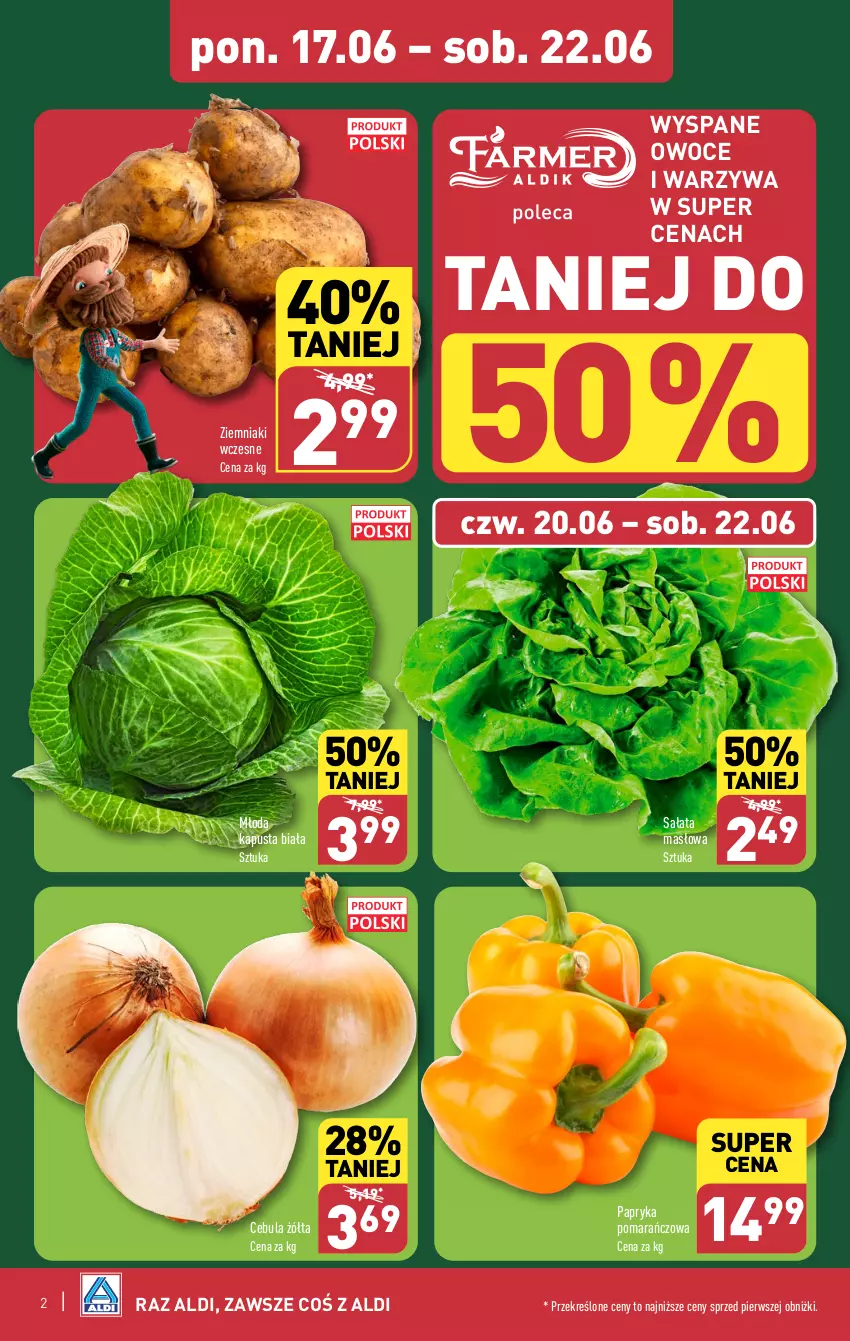 Gazetka promocyjna Aldi - Pełna oferta - ważna 17.06 do 22.06.2024 - strona 2 - produkty: Cebula, Masło, Owoce, Papryka, Sałat, Sałata masłowa, Warzywa, Ziemniaki