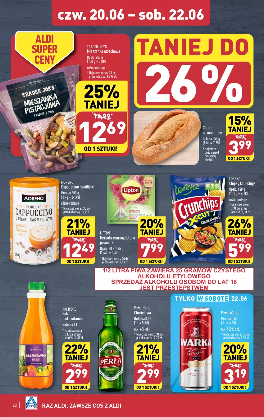 Gazetka promocyjna Aldi - Pełna oferta - ważna 17.06 do 22.06.2024 - strona 22 - produkty: Cappuccino, Chipsy, Chleb, Crunchips, Fa, Gra, Herbata, Herbata czarna, Lipton, Lorenz, Mieszanka orzechowa, Perła, Piwa, Piwo, Sok, Warka