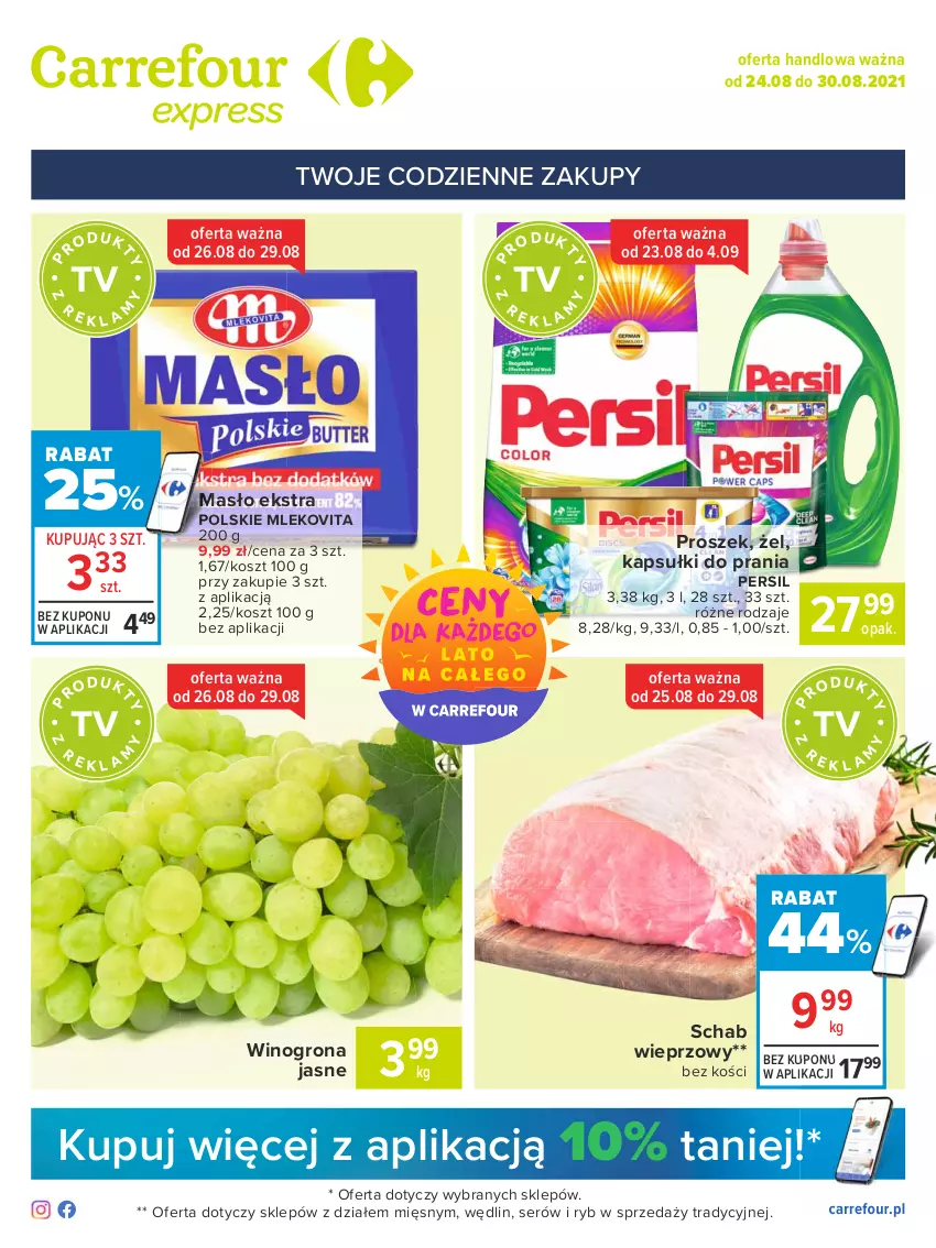 Gazetka promocyjna Carrefour - Gazetka Express - ważna 23.08 do 30.08.2021 - strona 1 - produkty: Kapsułki do prania, Kosz, Masło, Mleko, Mlekovita, Persil, Schab wieprzowy, Ser, Wino, Winogrona