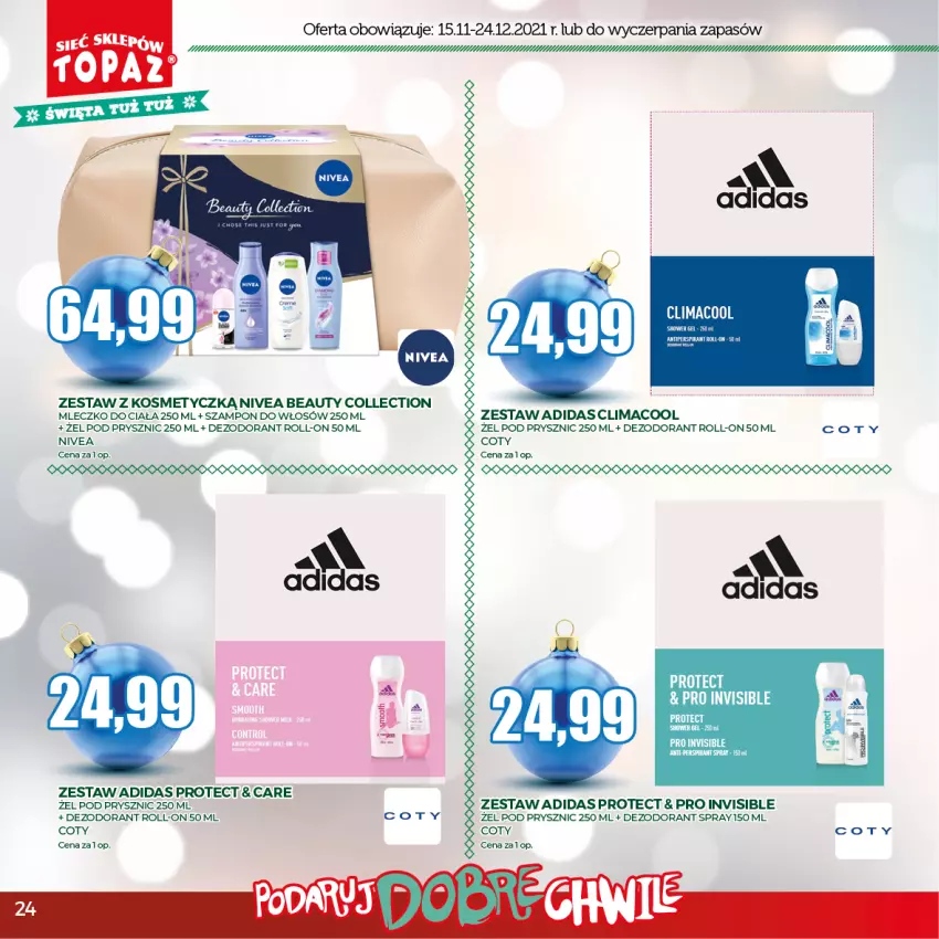 Gazetka promocyjna Topaz - Gazetka - ważna 15.11 do 24.12.2021 - strona 24 - produkty: Adidas, Dezodorant, LG, Mleczko, Mleczko do ciała, Nivea, Szampon