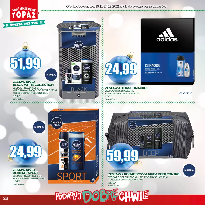 Gazetka promocyjna Topaz - Gazetka - ważna 15.11 do 24.12.2021 - strona 28 - produkty: Adidas, Control, Dezodorant, Fa, Krem nawilżający, Lack, Nivea, Znicz