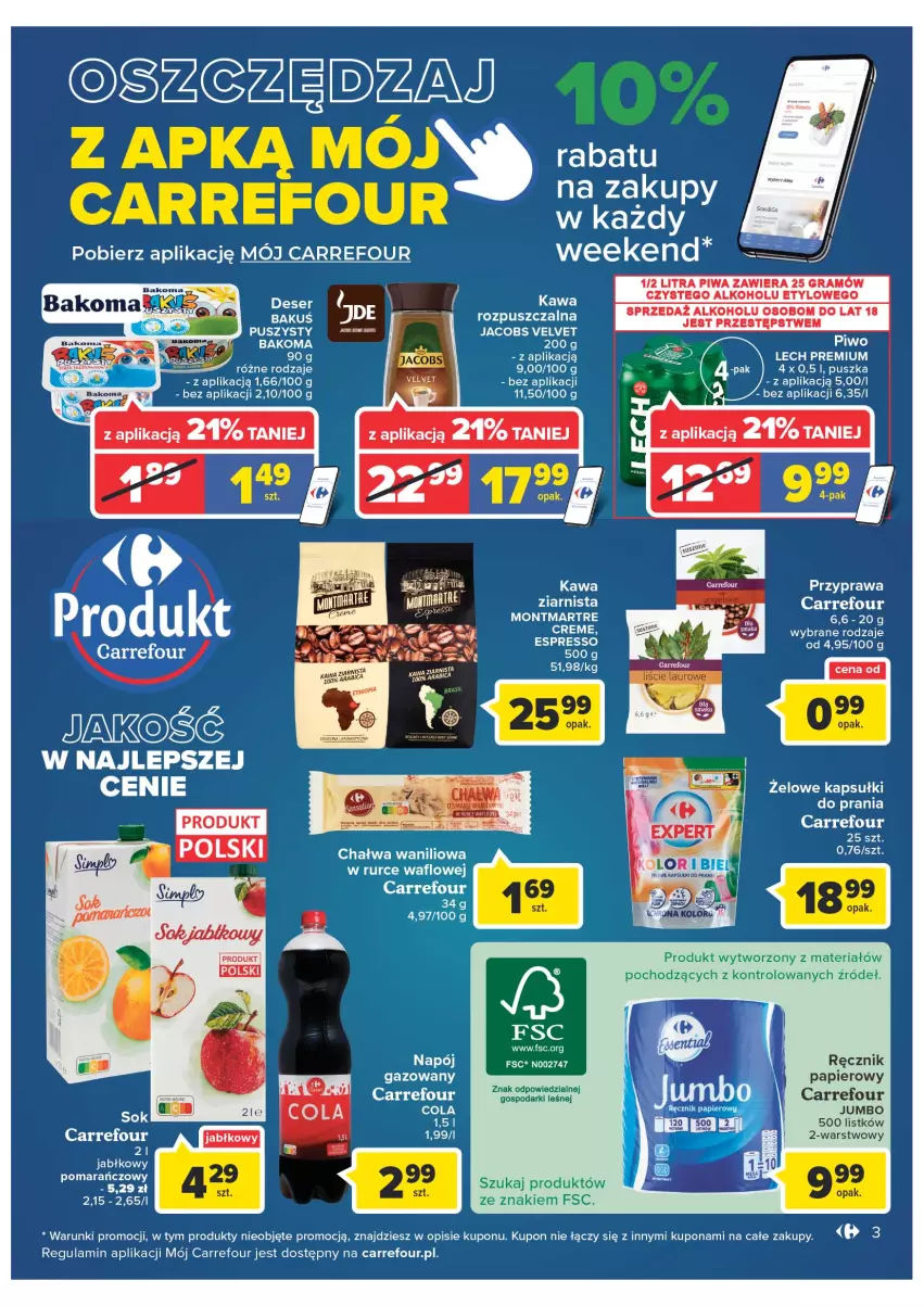 Gazetka promocyjna Carrefour - Gazetka Express - ważna 17.05 do 23.05.2022 - strona 3 - produkty: Bakoma, Chałwa, Deser, Gra, Jacobs, Jacobs Velvet, Kawa, Lech Premium, LG, Napój, Papier, Piwa, Piwo, Ręcznik, Ser, Velvet