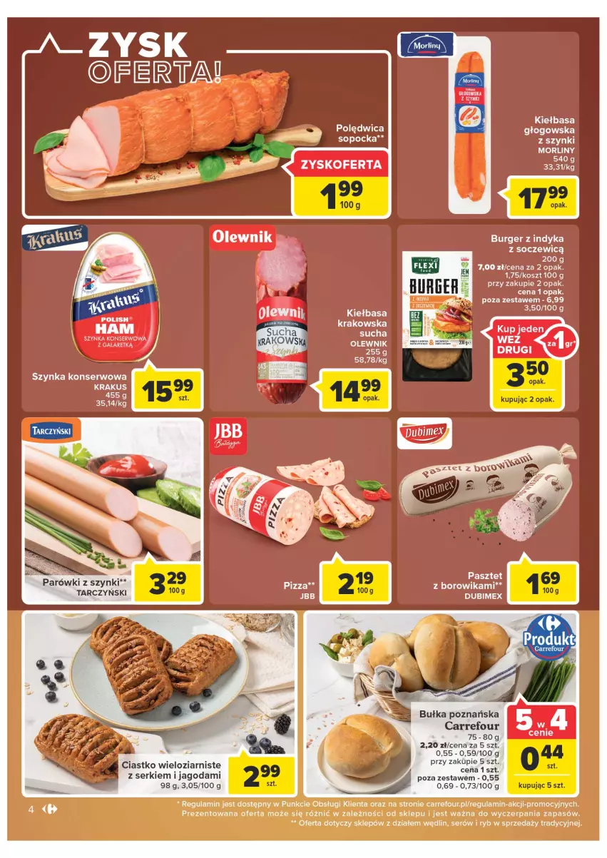 Gazetka promocyjna Carrefour - Gazetka Express - ważna 17.05 do 23.05.2022 - strona 4 - produkty: Bułka, Burger, Gala, Kiełbasa, Kosz, Krakus, Morliny, Olewnik, Parówki, Parówki z szynki, Pasztet, Ser, Szynka, Szynka konserwowa, Tarczyński