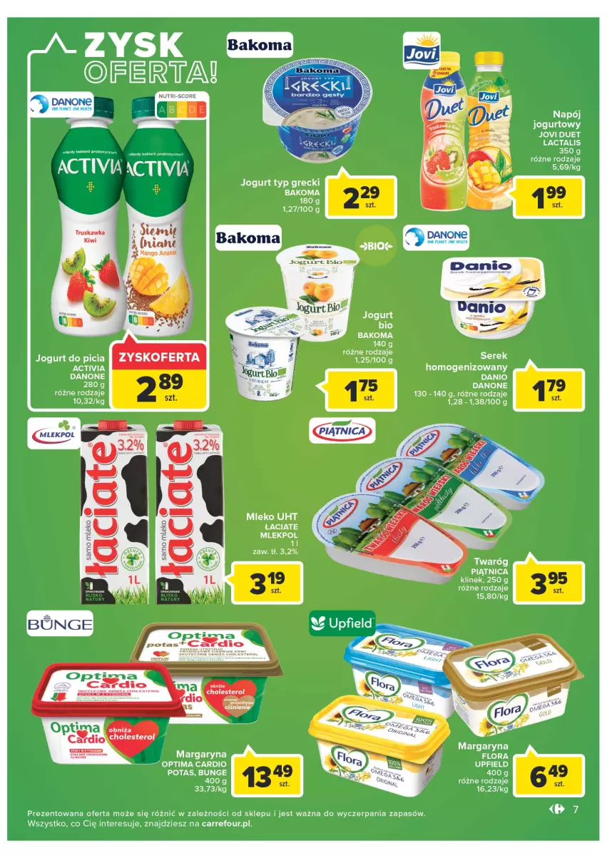 Gazetka promocyjna Carrefour - Gazetka Express - ważna 17.05 do 23.05.2022 - strona 7 - produkty: Activia, Bakoma, Danio, Danone, Flora, Jogurt, Kiwi, Margaryna, Mleko, Napój, Napój jogurtowy, Optima, Optima Cardio