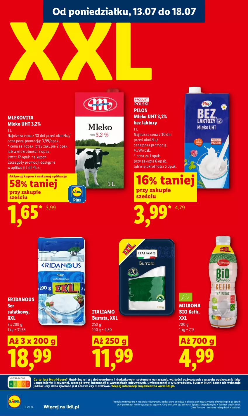 Gazetka promocyjna Lidl - Gazetka ważna od 13.07 do 15.07 - ważna 13.07 do 15.07.2026 - strona 50 - produkty: Burrata, Kefir, Mleko, Mlekovita, Pilos, Sałat, Ser