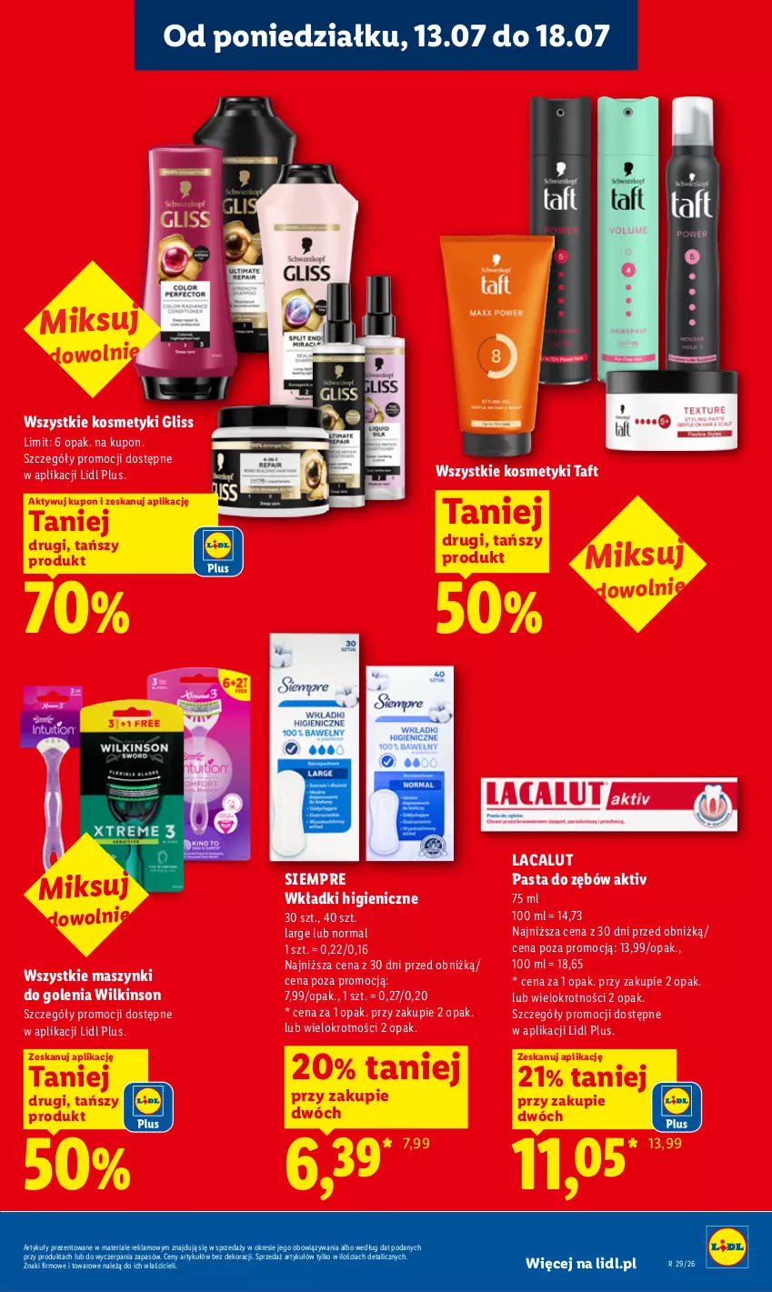 Gazetka promocyjna Lidl - Gazetka ważna od 13.07 do 15.07 - ważna 13.07 do 15.07.2026 - strona 63 - produkty: Lacalut, Pasta do zębów, Taft, Wkładki