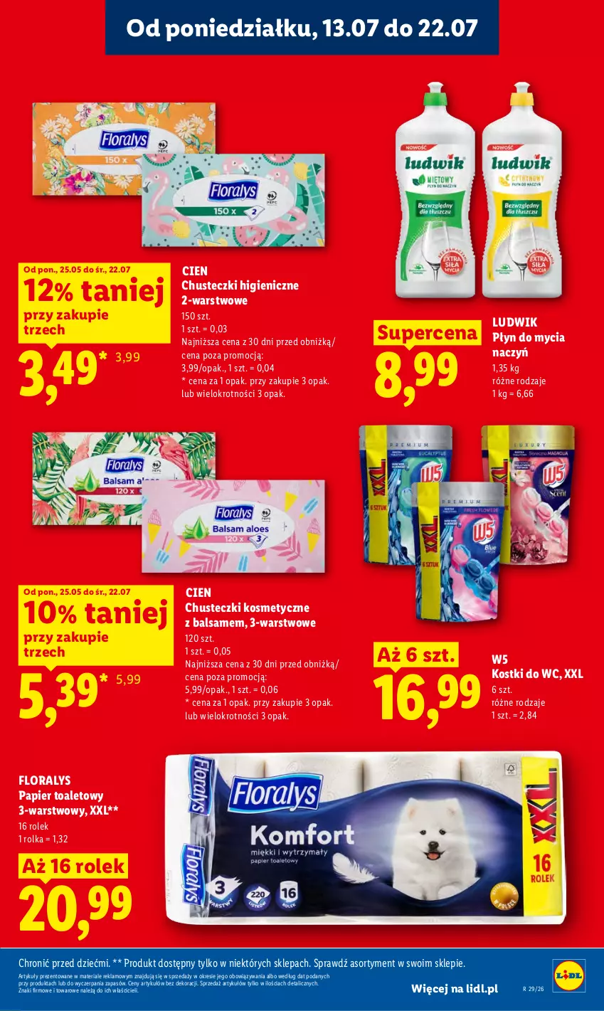 Gazetka promocyjna Lidl - Gazetka ważna od 13.07 do 15.07 - ważna 13.07 do 15.07.2026 - strona 65 - produkty: Chusteczki, Chusteczki kosmetyczne, Do mycia naczyń, Flora, Ludwik, Papier, Papier toaletowy, Płyn do mycia, Płyn do mycia naczyń