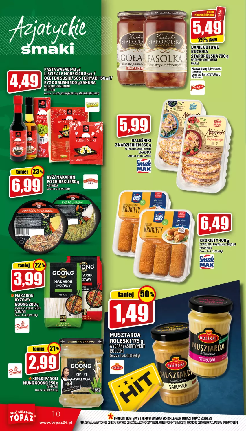 Gazetka promocyjna Topaz - Gazetka - ważna 24.03 do 30.03.2022 - strona 10 - produkty: Fa, Kiełki, LG, Makaron, Mus, Musztarda, Ocet, Pasta wasabi, Ryż, Sok, Sushi, Top, Wasa