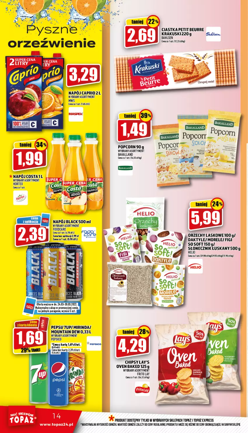 Gazetka promocyjna Topaz - Gazetka - ważna 24.03 do 30.03.2022 - strona 14 - produkty: 7up, Bakalland, Chipsy, Ciastka, Daktyle, Figi, Hortex, Krakus, Krakuski, Lack, Mirinda, Napój, Pepsi, Popcorn, Sok, Top