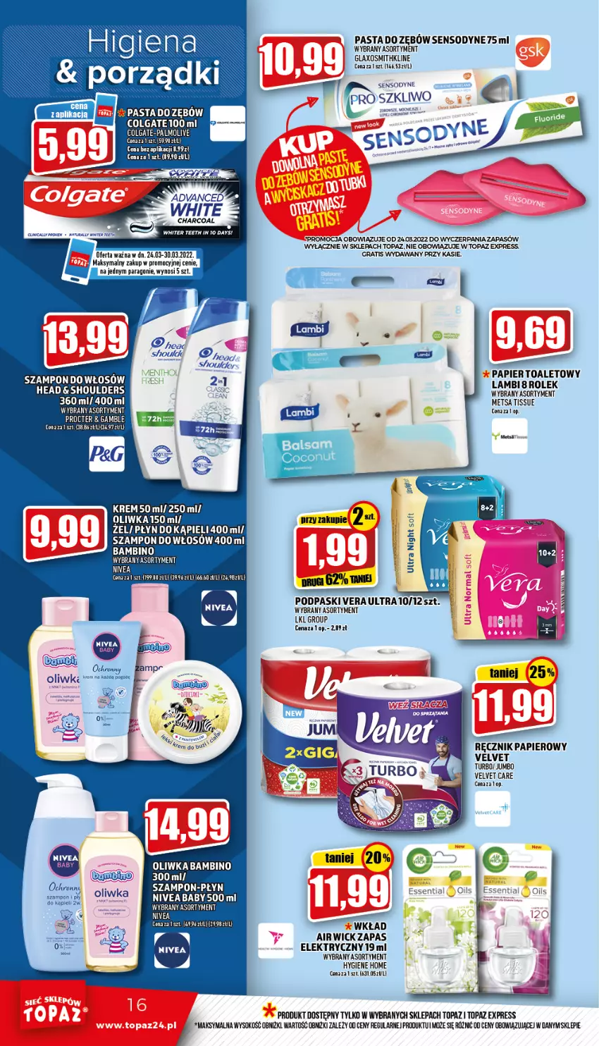 Gazetka promocyjna Topaz - Gazetka - ważna 24.03 do 30.03.2022 - strona 16 - produkty: Gra, Papier, Papier toaletowy, Podpaski, Ręcznik, Sensodyne, Sok, Szampon, Top, Velvet