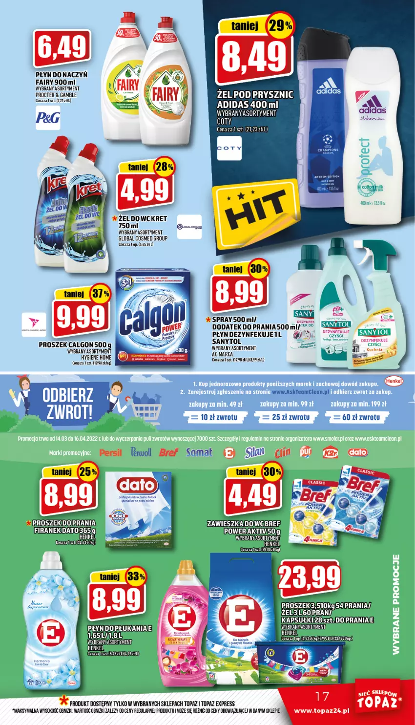 Gazetka promocyjna Topaz - Gazetka - ważna 24.03 do 30.03.2022 - strona 17 - produkty: Adidas, Calgon, Fa, Fairy, Kret, LG, Sok, Tera, Top