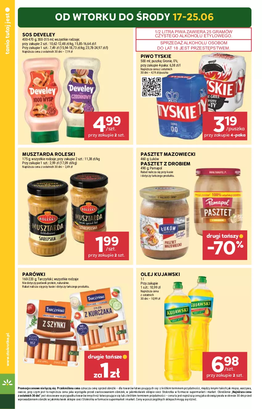 Gazetka promocyjna Stokrotka - Market - ważna 17.06 do 25.06.2025 - strona 2 - produkty: Gra, Kujawski, Mięso, Mus, Musztarda, Olej, Owoce, Parówki, Pasztet, Piwa, Piwo, Sos, Tarczyński, Tyskie, Warzywa