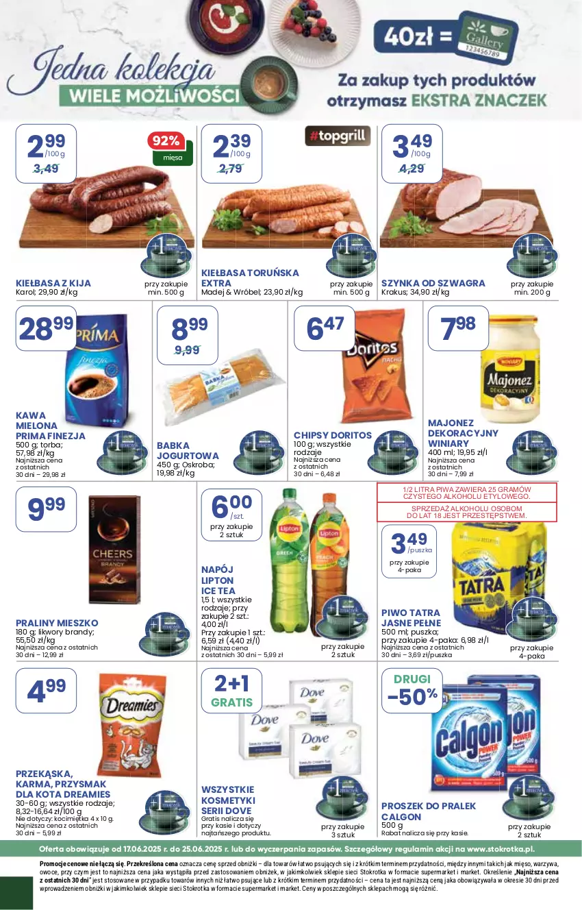 Gazetka promocyjna Stokrotka - Market - ważna 17.06 do 25.06.2025 - strona 27 - produkty: Babka, Brandy, Calgon, Chipsy, Dove, Gra, Ice tea, Jogurt, Kawa, Kawa mielona, Kiełbasa, Koc, Krakus, LG, Lipton, Majonez, Mięso, Napój, Owoce, Piwa, Piwo, Praliny, Prima, Przysmak dla kota, Ser, Szynka, Tatra, Torba, Warzywa, Winiary