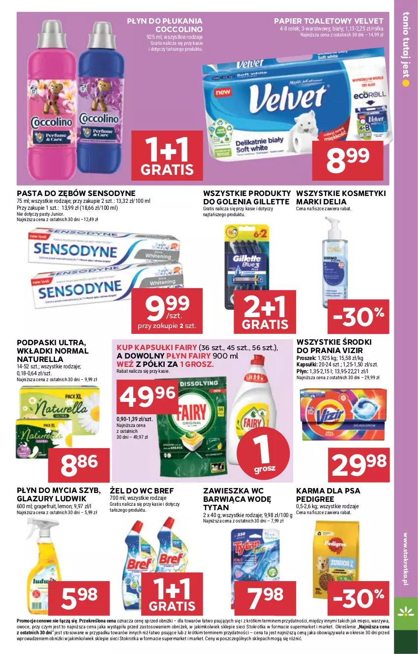 Gazetka promocyjna Stokrotka - Market - ważna 17.06 do 25.06.2025 - strona 28 - produkty: Bref, Coccolino, Fa, Fairy, Gillette, Gra, Lazur, Ludwik, Mięso, Naturell, Naturella, Owoce, Papier, Papier toaletowy, Pasta do zębów, Pedigree, Płyn do mycia, Płyn do płukania, Podpaski, Sensodyne, Tytan, Velvet, Vizir, Warzywa, Wkładki