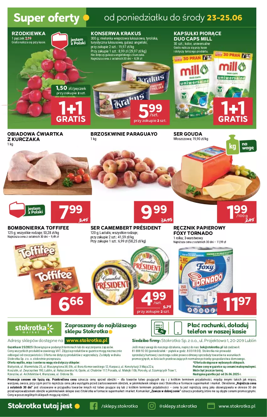 Gazetka promocyjna Stokrotka - Market - ważna 17.06 do 25.06.2025 - strona 29 - produkty: Brzoskwinie, Camembert, Dres, Foxy, Gouda, Gra, JBL, Karp, Kosz, Krakus, Kurczak, Mięso, O nas, Owoce, Papier, Por, Président, Ręcznik, Rzodkiewka, Ser, Szal, Telefon, Toffifee, Wagi, Warzywa