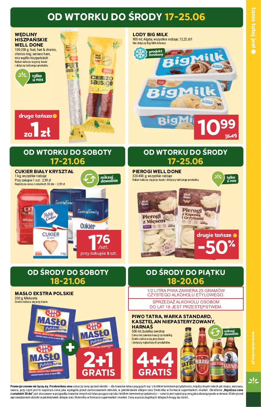 Gazetka promocyjna Stokrotka - Market - ważna 17.06 do 25.06.2025 - strona 3 - produkty: Algida, Big Milk, Cukier, Gra, Harnaś, Kasztelan, LG, Lody, Masło, Mięso, Mleko, Mlekovita, Owoce, Pierogi, Piwa, Piwo, Ser, Tatra, Warka, Warzywa