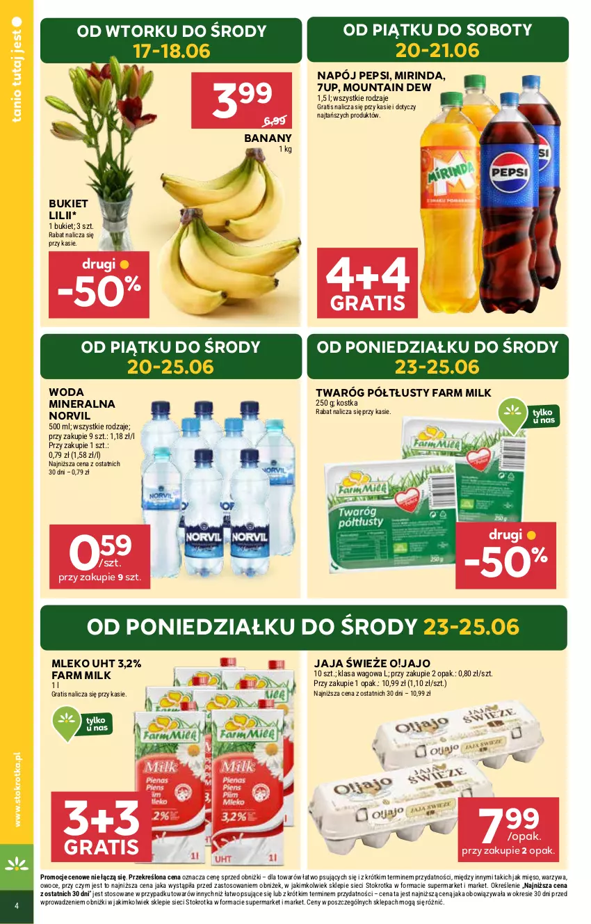Gazetka promocyjna Stokrotka - Market - ważna 17.06 do 25.06.2025 - strona 4 - produkty: 7up, Banany, Bukiet, Fa, Farm Milk, Gra, Jaja, Mięso, Mirinda, Mleko, Napój, Owoce, Pepsi, Twaróg, Twaróg półtłusty, Warzywa, Woda, Woda mineralna