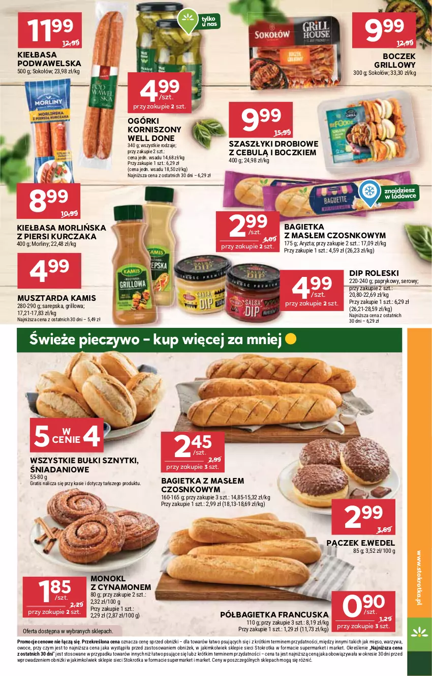 Gazetka promocyjna Stokrotka - Market - ważna 17.06 do 25.06.2025 - strona 5 - produkty: Bagietka, Boczek, Danio, Gra, Grill, Kamis, Kiełbasa, Kiełbasa podwawelska, Korniszony, Kurczak, Mięso, Morliny, Mus, Musztarda, Owoce, Pączek, Piec, Pieczywo, Półbagietka, Ser, Sok, Sokołów, Warzywa, Wawel