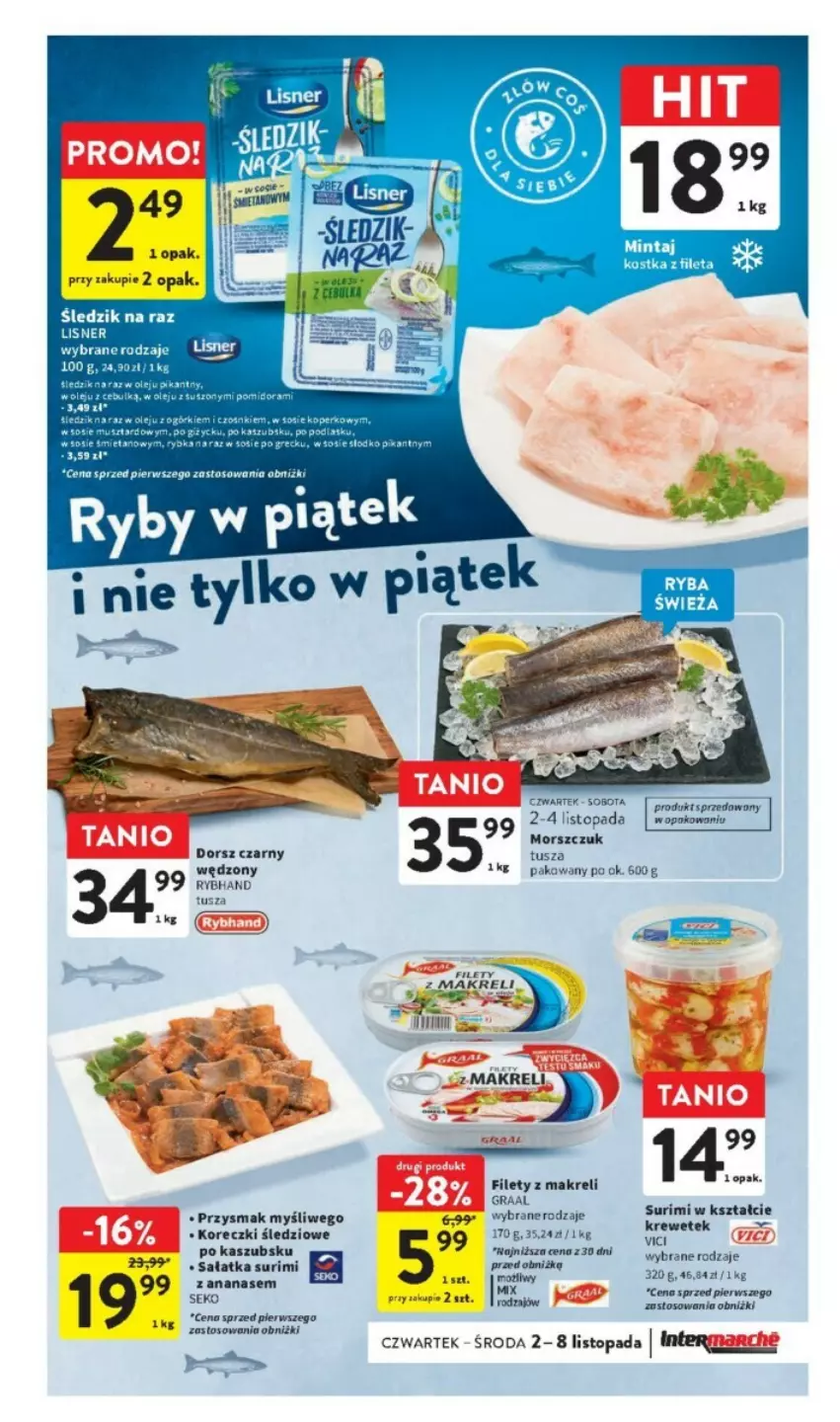 Gazetka promocyjna Intermarche - ważna 02.11 do 08.11.2023 - strona 14 - produkty: Ananas, Dorsz, Gra, Graal, Koreczki śledziowe, Mintaj, Sałat, Sałatka, SEKO, Surimi, Top, Tusz