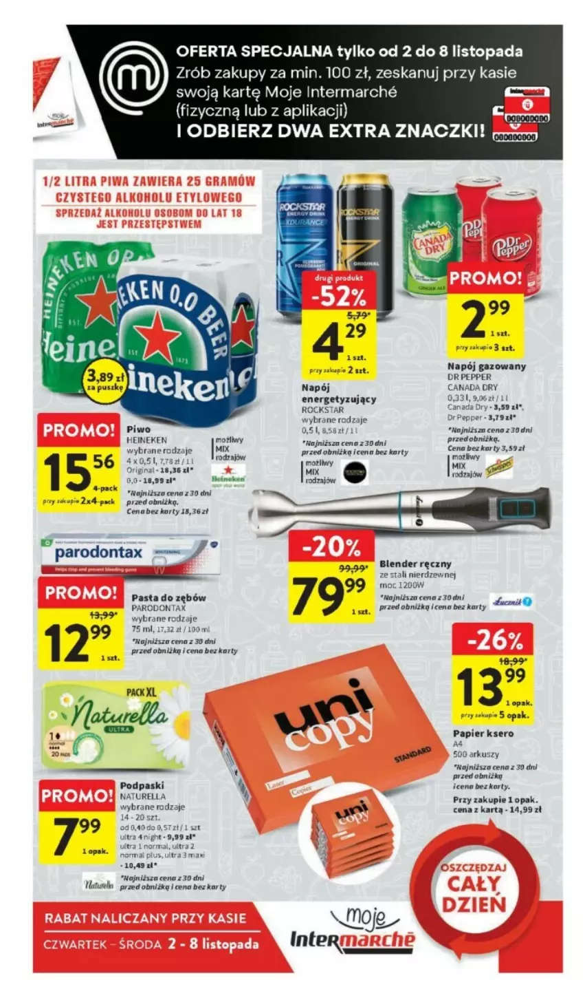 Gazetka promocyjna Intermarche - ważna 02.11 do 08.11.2023 - strona 44 - produkty: Blender, Blender ręczny, Gin, Heineken, Napój, Napój gazowany, Naturell, Papier, Parodontax, Pasta do zębów, Piwo, Podpaski, Ser, Top