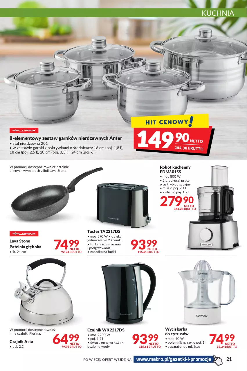 Gazetka promocyjna Makro - [Oferta promocyjna] Artykuły spożywcze i przemysłowe - ważna 07.01 do 24.01.2022 - strona 21 - produkty: Czajnik, K2, Kuchnia, Patelnia, Pojemnik, Robot, Sok, Toster, Wyciskarka