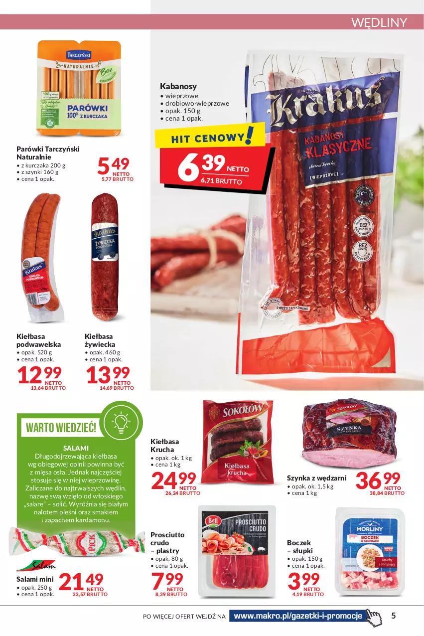 Gazetka promocyjna Makro - [Oferta promocyjna] Artykuły spożywcze i przemysłowe - ważna 07.01 do 24.01.2022 - strona 5 - produkty: Boczek, Kabanos, Kiełbasa, Kiełbasa krucha, Kiełbasa podwawelska, Kurczak, Parówki, Prosciutto, Salami, Szynka, Tarczyński, Wawel