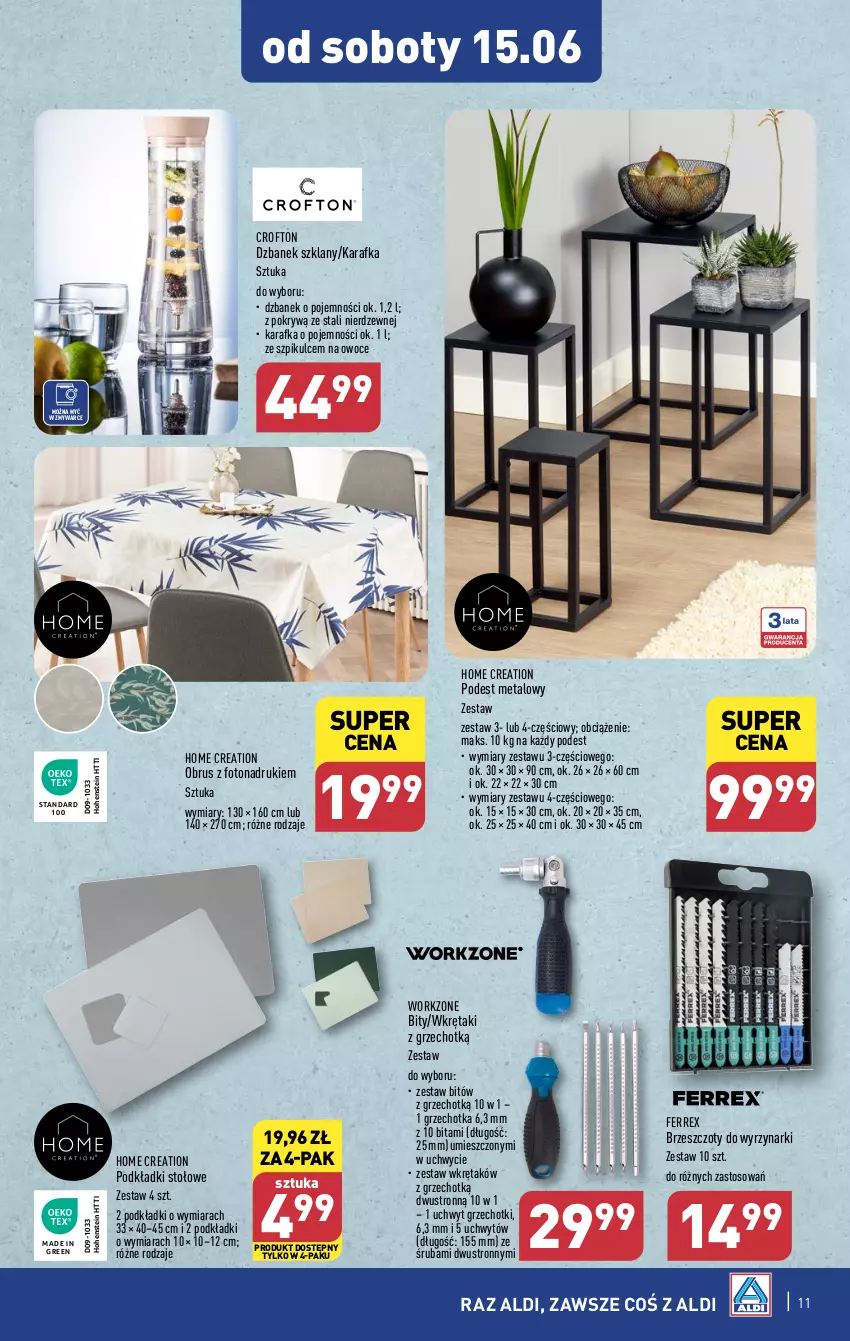 Gazetka promocyjna Aldi - Artykuły przemysłowe i tekstylia - ważna 12.06 do 15.06.2024 - strona 11 - produkty: Bitów z grzechotką, Dzbanek, Karafka, Obrus, Owoce, Podkład, Wkręt, Zestaw wkrętaków