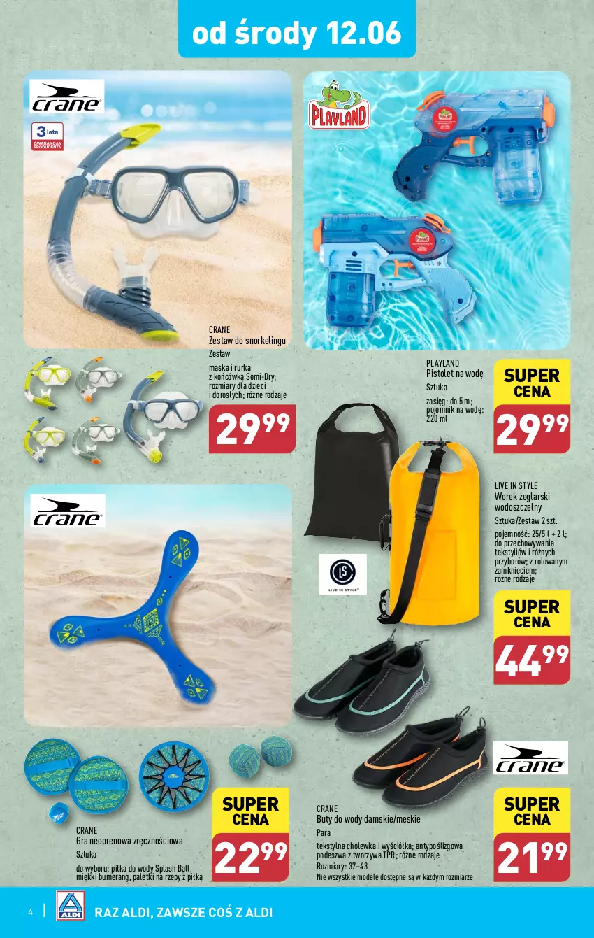 Gazetka promocyjna Aldi - Artykuły przemysłowe i tekstylia - ważna 12.06 do 15.06.2024 - strona 4 - produkty: Bumerang, Buty, Buty do wody, Dzieci, Gra, Maska, Pistolet, Pojemnik