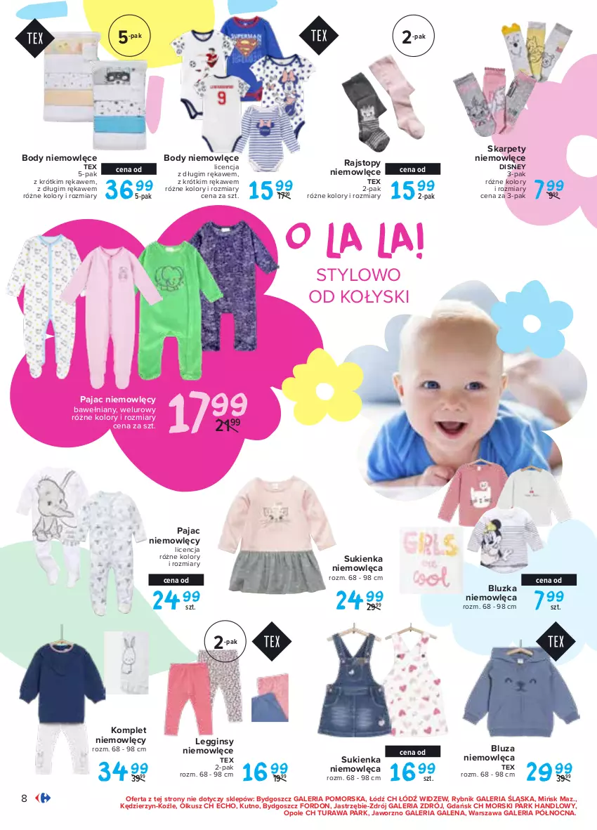 Gazetka promocyjna Carrefour - Gazetka Tyle radości dla malucha - ważna 15.02 do 27.02.2021 - strona 8 - produkty: Bluza, Body, Disney, Gin, Karp, Legginsy, Pajac, Rajstopy, Sukienka, Top