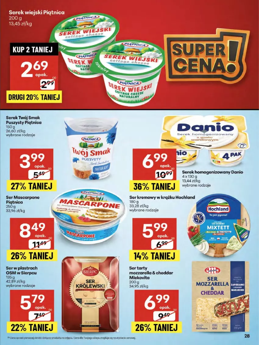Gazetka promocyjna Delikatesy Centrum - Franczyza DC32 Czwartek - ważna 07.08 do 13.08.2025 - strona 28 - produkty: Cheddar, Danio, Hochland, Królewski, Mascarpone, Mleko, Mlekovita, Mozzarella, Piątnica, Ser, Serek, Twój Smak
