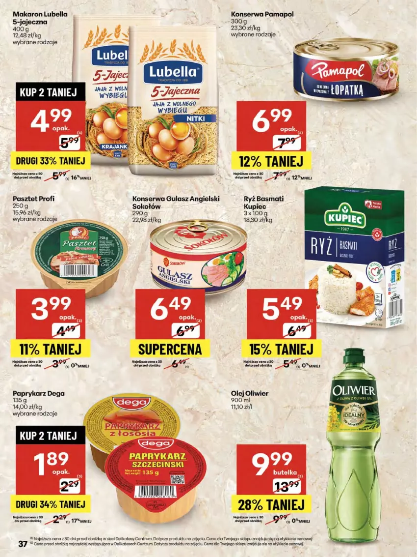 Gazetka promocyjna Delikatesy Centrum - Franczyza DC32 Czwartek - ważna 07.08 do 13.08.2025 - strona 37 - produkty: Bell, Bella, Dega, Jaja, Kupiec, Lubella, Makaron, Olej, Papryka, Paprykarz, Pasztet, Piec, Rum, Ryż, Ryż basmati, Ser, Sok, Sokołów