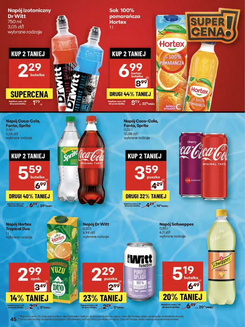 Gazetka promocyjna Delikatesy Centrum - Franczyza DC32 Czwartek - ważna 07.08 do 13.08.2025 - strona 45 - produkty: Coca-Cola, Fa, Fanta, Gin, Hortex, Napój, Napój izotoniczny, Rum, Schweppes, Sok, Sprite, Tropical