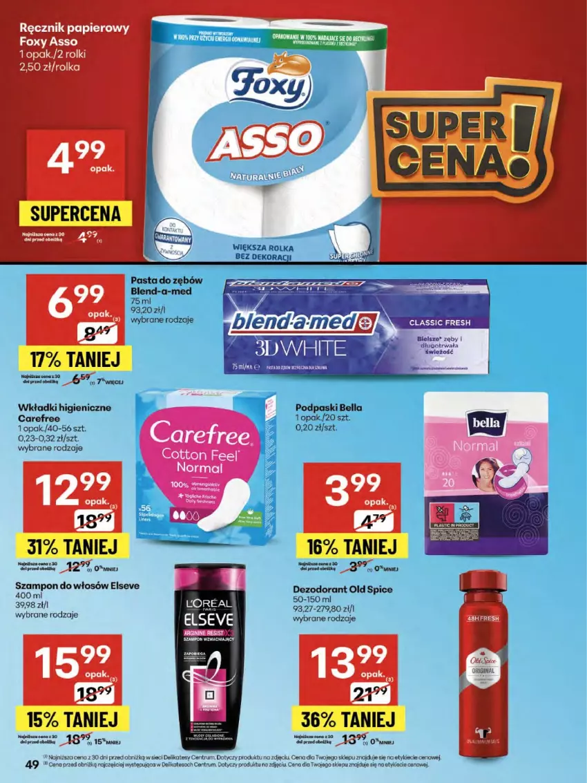 Gazetka promocyjna Delikatesy Centrum - Franczyza DC32 Czwartek - ważna 07.08 do 13.08.2025 - strona 49 - produkty: Bell, Bella, Blend-a-Med, Carefree, Dezodorant, Elseve, Foxy, Gin, Old Spice, Pasta do zębów, Podpaski, Rolki, Rum, Sok, Szampon, Wkładki