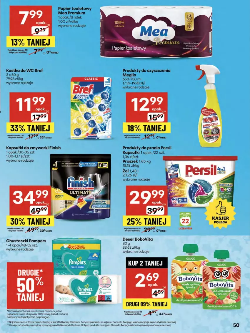 Gazetka promocyjna Delikatesy Centrum - Franczyza DC32 Czwartek - ważna 07.08 do 13.08.2025 - strona 50 - produkty: BoboVita, Bref, Chusteczki, Deser, Finish, Kostka do wc, Pampers, Papier, Papier toaletowy, Persil, Rum, Ser, Zmywarki