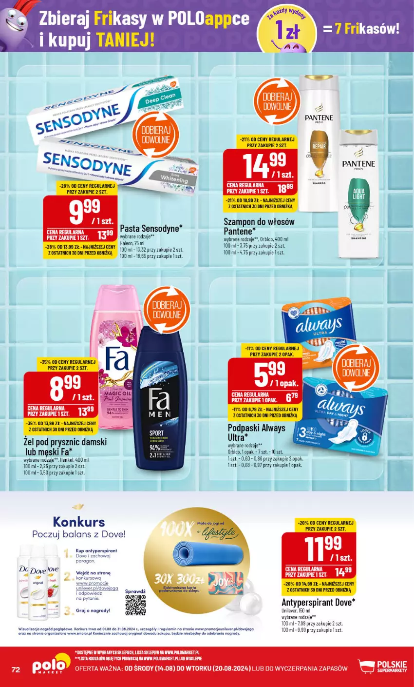 Gazetka promocyjna PoloMarket - Gazetka pomocyjna - ważna 14.08 do 20.08.2024 - strona 72 - produkty: Always, Always Ultra, Antyperspirant, BIC, Dove, Fa, Gin, Gra, Leon, Mola, Pantene, Podpaski, Sensodyne, Szampon